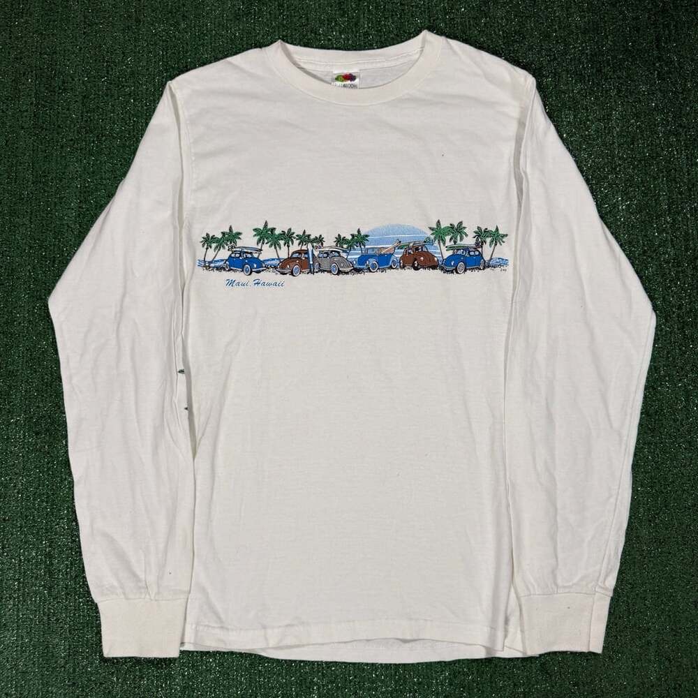 Y2K Fruit of the Loom Maui Hawaii Long Sleeve T-Shirt Small White Graphic Surf